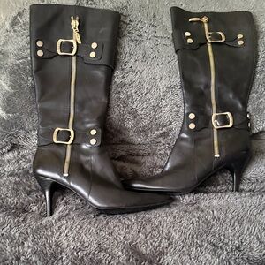 Guess Black Heeled Boots with Gold Buckles